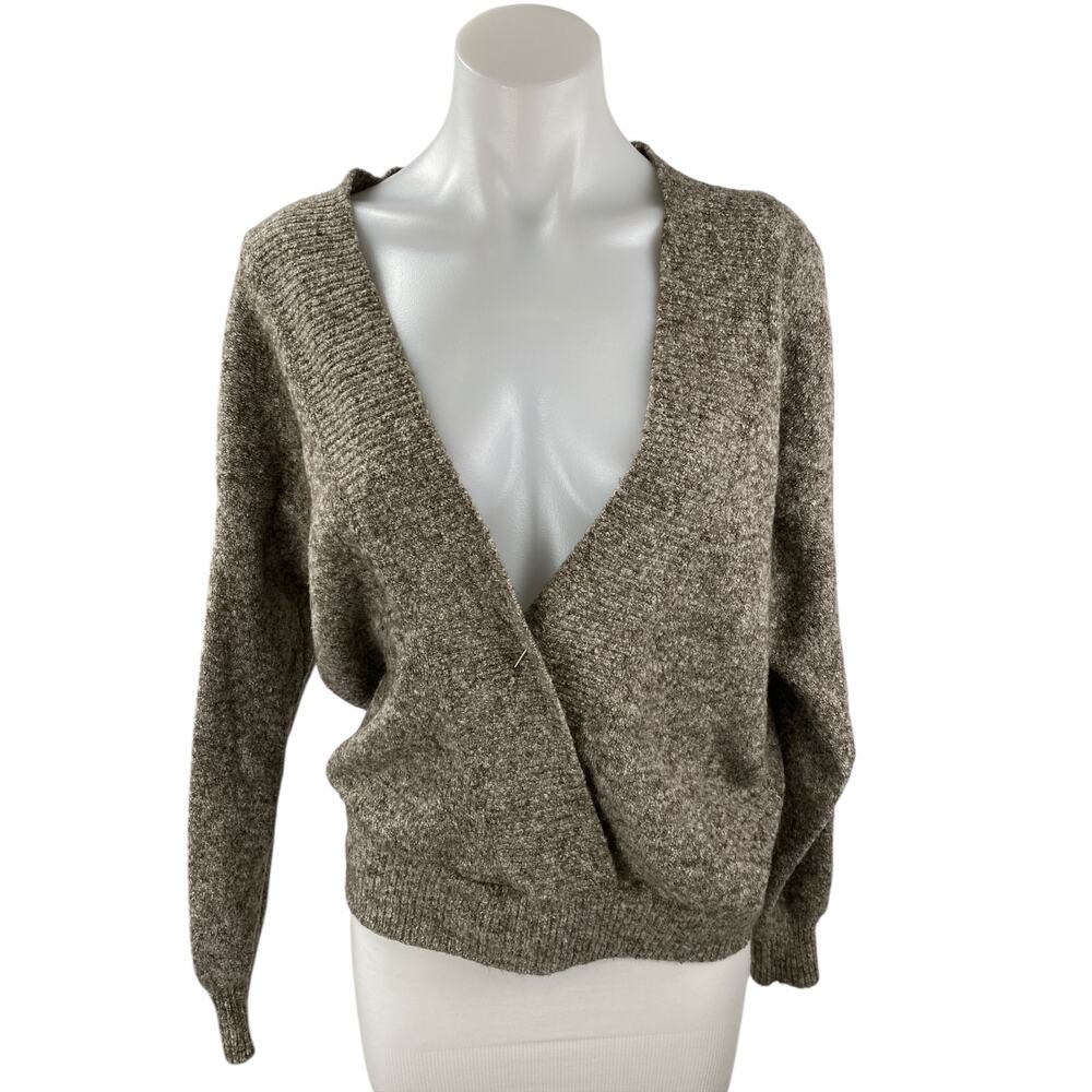 Silence + Noise Women's Gray Marled Deep V Neck Faux Wrap Sweater Top Size XS